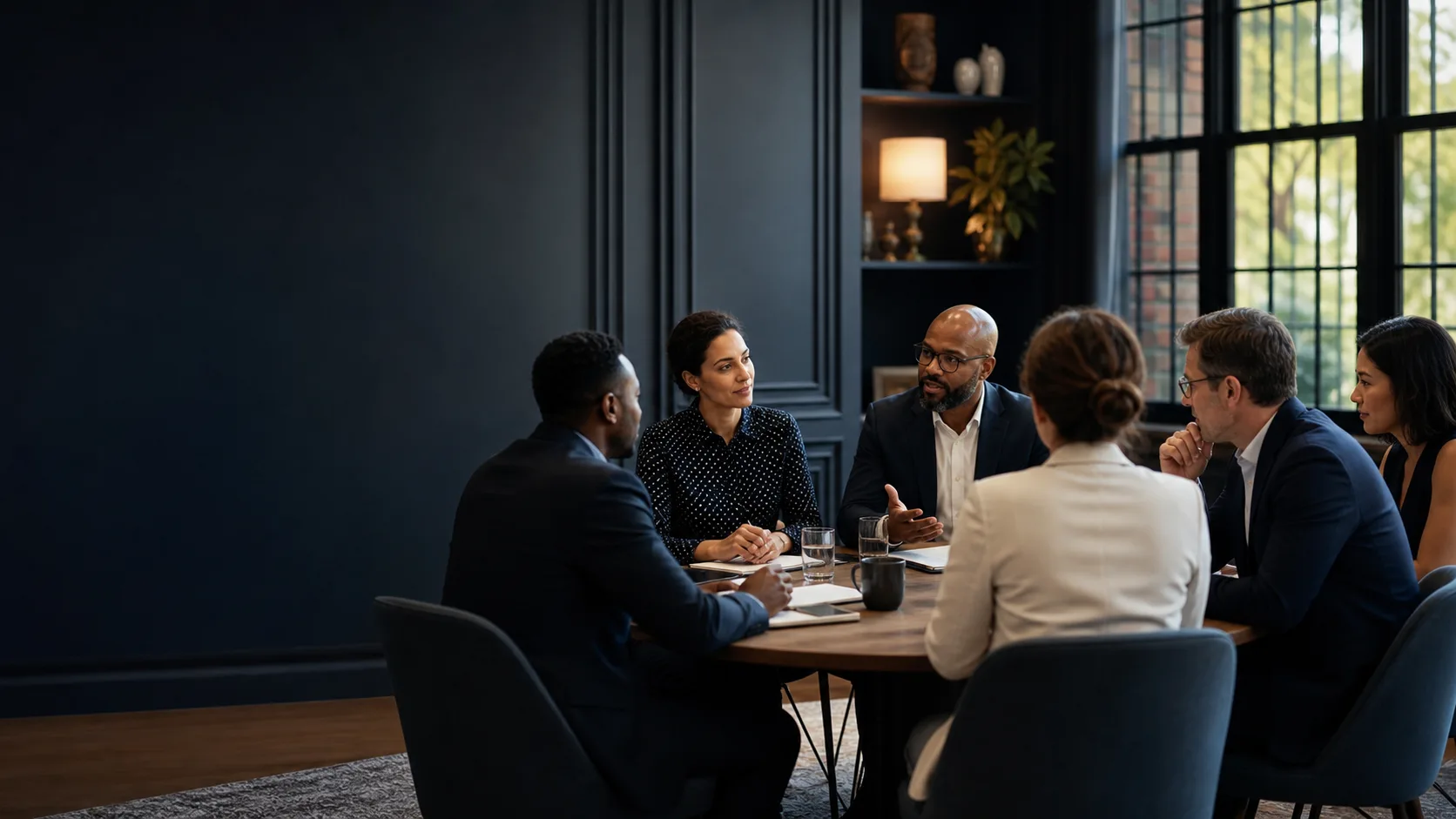 A small group in a considered roundtable conversation